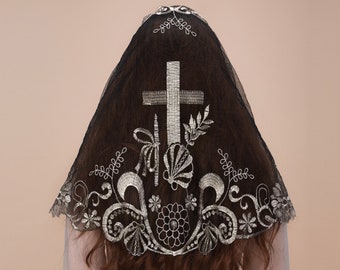 Mantveil D Shape Catholic Chapel Veil: Traditional Black, White or Black Gold  Mantilla Cross and Shell Embroidery Short Veil