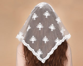 White Floral Rosette Embroidered Mantilla Veil, Triangle Lace Veil for Church