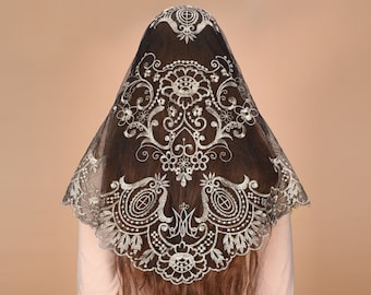 Camellia Embroidery Catholic Veil: Black Gold Floral Lace Mantilla