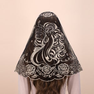 D-shaped lace veil with flowers angel veil church veil catholic mass veil