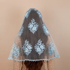 Blue Lace Catholic Veil with Floral Pattern, D Shape lace latin mass veil, church catholic headband