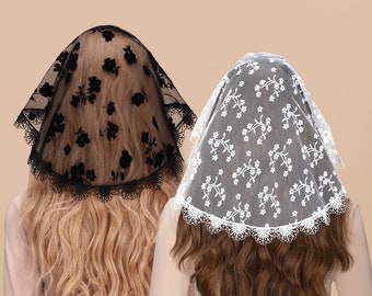 2 Packs Catholic Church Head Covering Floral Lace Mantilla Chapel Cap Veil Round Mass Veil (White+Black)