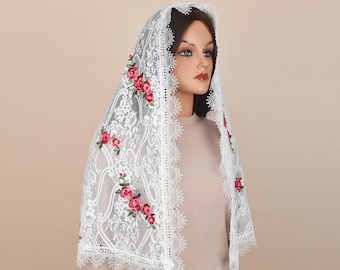 Rose Embroidery Lace Mantilla Veil - Catholic Church Mass Veil