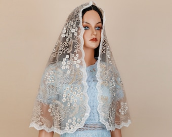 Gold Lace Catholic Veil: Floral Design, D-Shaped Mass Chapel Head Covering Veil
