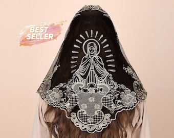 Catholic Lace Mantilla Veil, Marian Apparitions Embroidery Spanish Church Mass Scarf Chapel Prayer Christian Veil