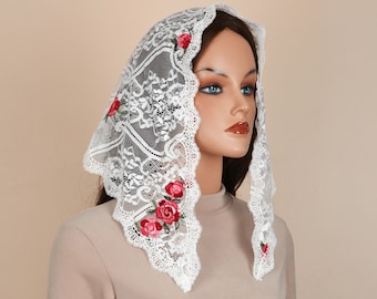 New!! Catholic Church Mantilla Veil - Short Triangular rose embroidered church veil spanish lace mass veil