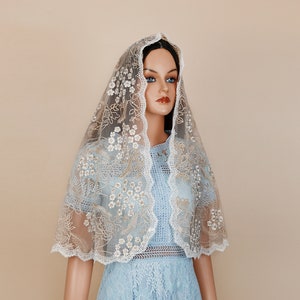 Gold Lace catholic veil with floral design,  D-shaped lace mass chapel veil, Catholic head covering veil