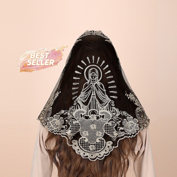 Catholic Lace Mantilla Veil, Marian Apparitions Embroidery Spanish Church Mass Scarf Chapel Prayer Christian Veil