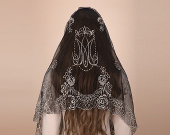 Mantveil Catholic Mantilla Rectangle Scarf: Traditional Black, White or Balck Gold Rose Lace Virgin Symbol Embroidery Veil