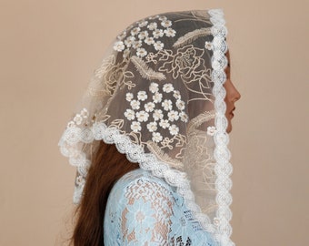 NEW!! Gold lace catholic veil, Triangle lace chapel veil  Spanish mass veil mantilla lace veil