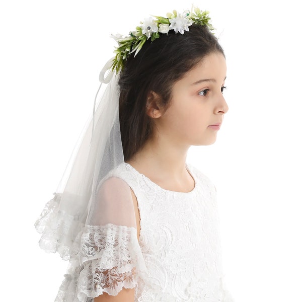 Voile de couronne de fleurs - Voile de première communion pour filles, bandeau de fleurs avec voile, diadème de fleurs, couronne de cheveux de fleurs printanières