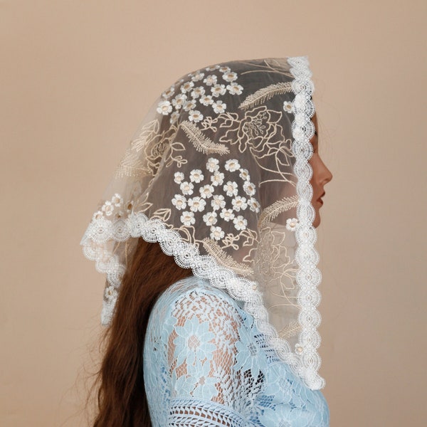 NEW!! Gold lace catholic veil, Triangle lace chapel veil  Spanish mass veil mantilla lace veil