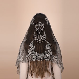 Mantveil Catholic Mantilla Rectangle Scarf: Traditional Black, White or Balck Gold Rose Lace Virgin Symbol Embroidery Veil