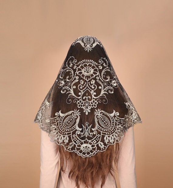 Camellia Embroidery Catholic Veil: Black Gold Floral Lace Mantilla