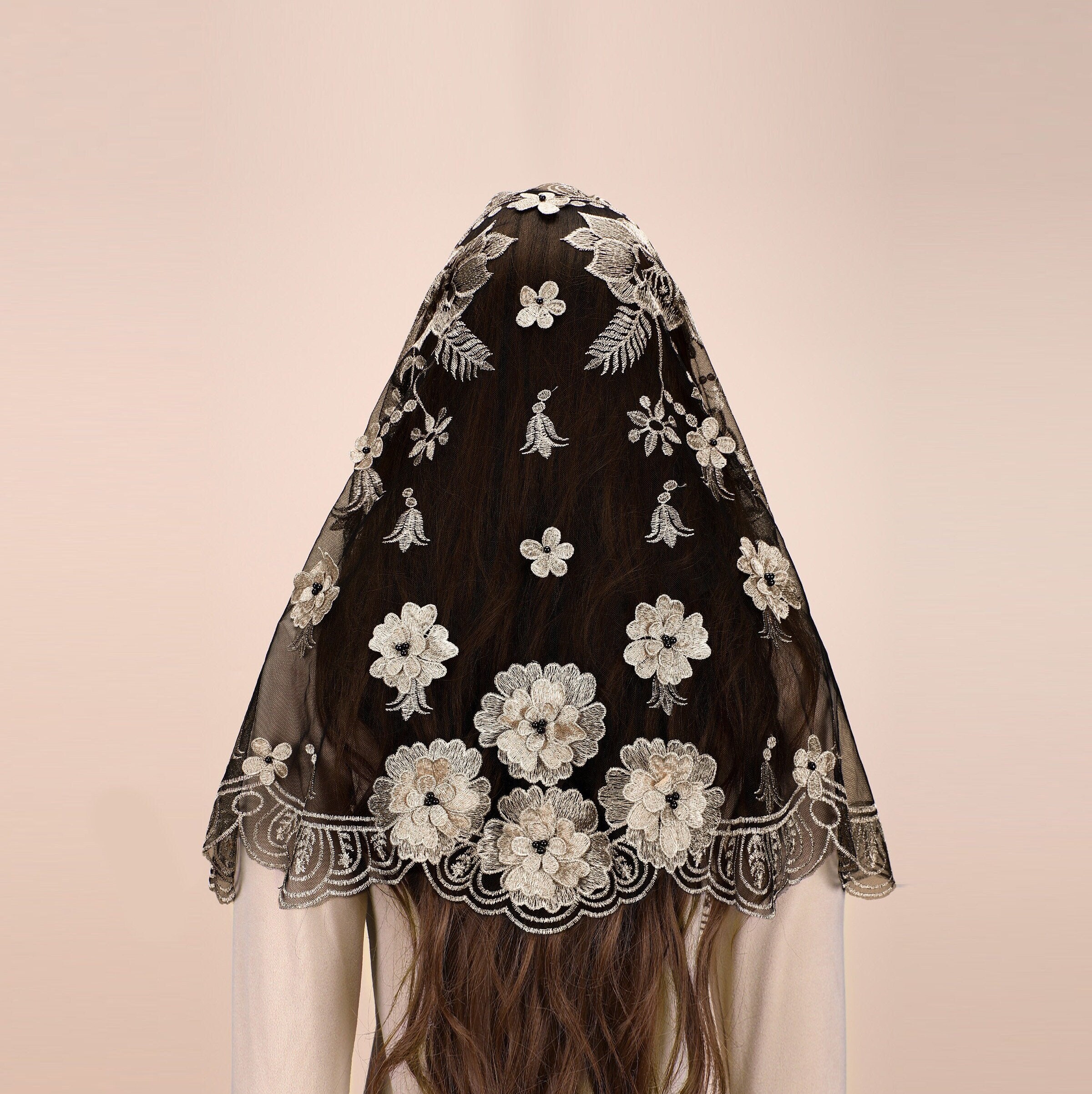 3D Rose Embroidery Church Veil - Catholic Mantilla Veil With 