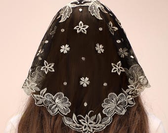 Catholic Chapel Mantilla Veil - Short Peach Shape Camellia Embroidery Church Veil Spanish Lace Mass Head Covering