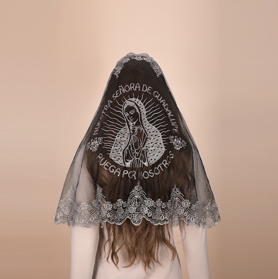 Catholic Chapel Veil: Traditional Black Gold Lace Mantilla with Our Lady Guadalupe Embroidery