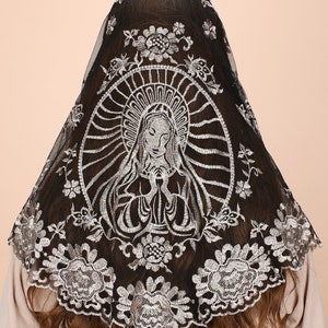 Church Mantilla, Pentecost Triangle holy virgin embroidery catholic veil Traditional mass veil chapel prayer lace veil Black gold