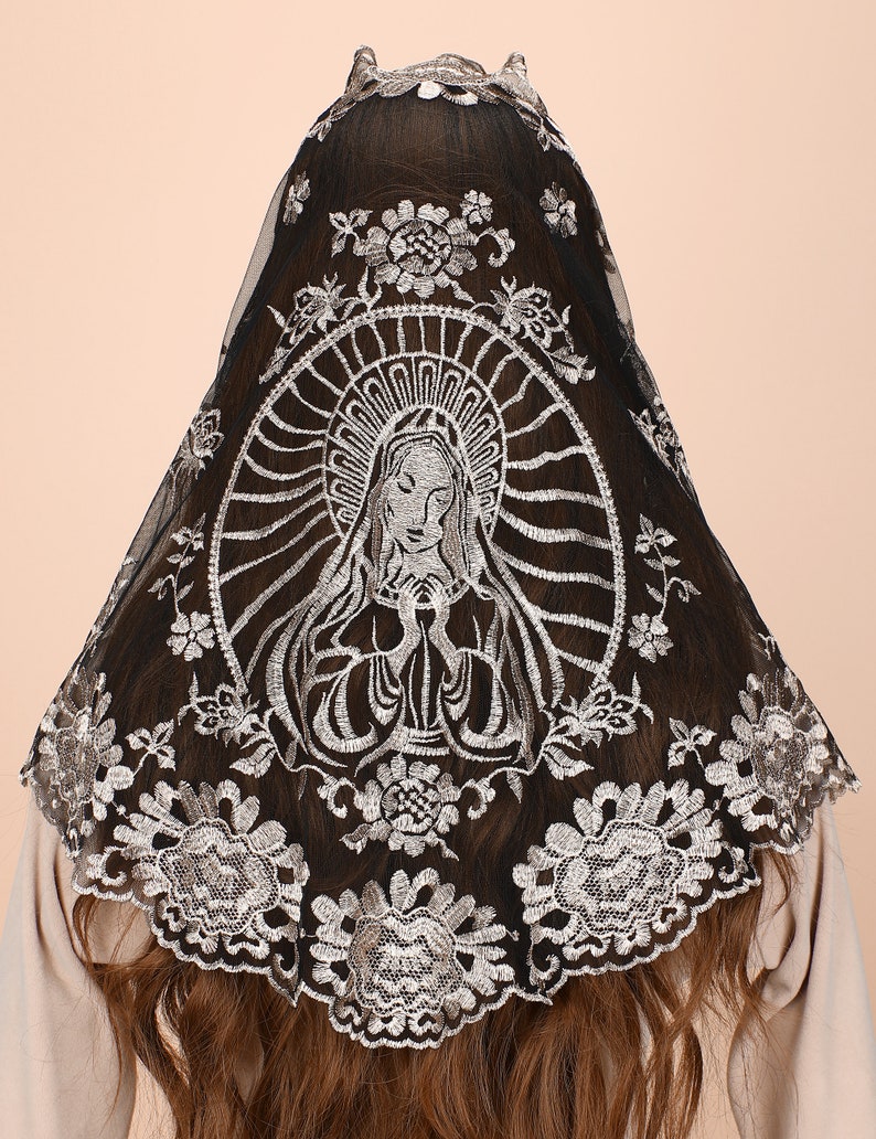 Church Mantilla, Pentecost Triangle holy virgin embroidery catholic veil Traditional mass veil chapel prayer lace veil Black gold