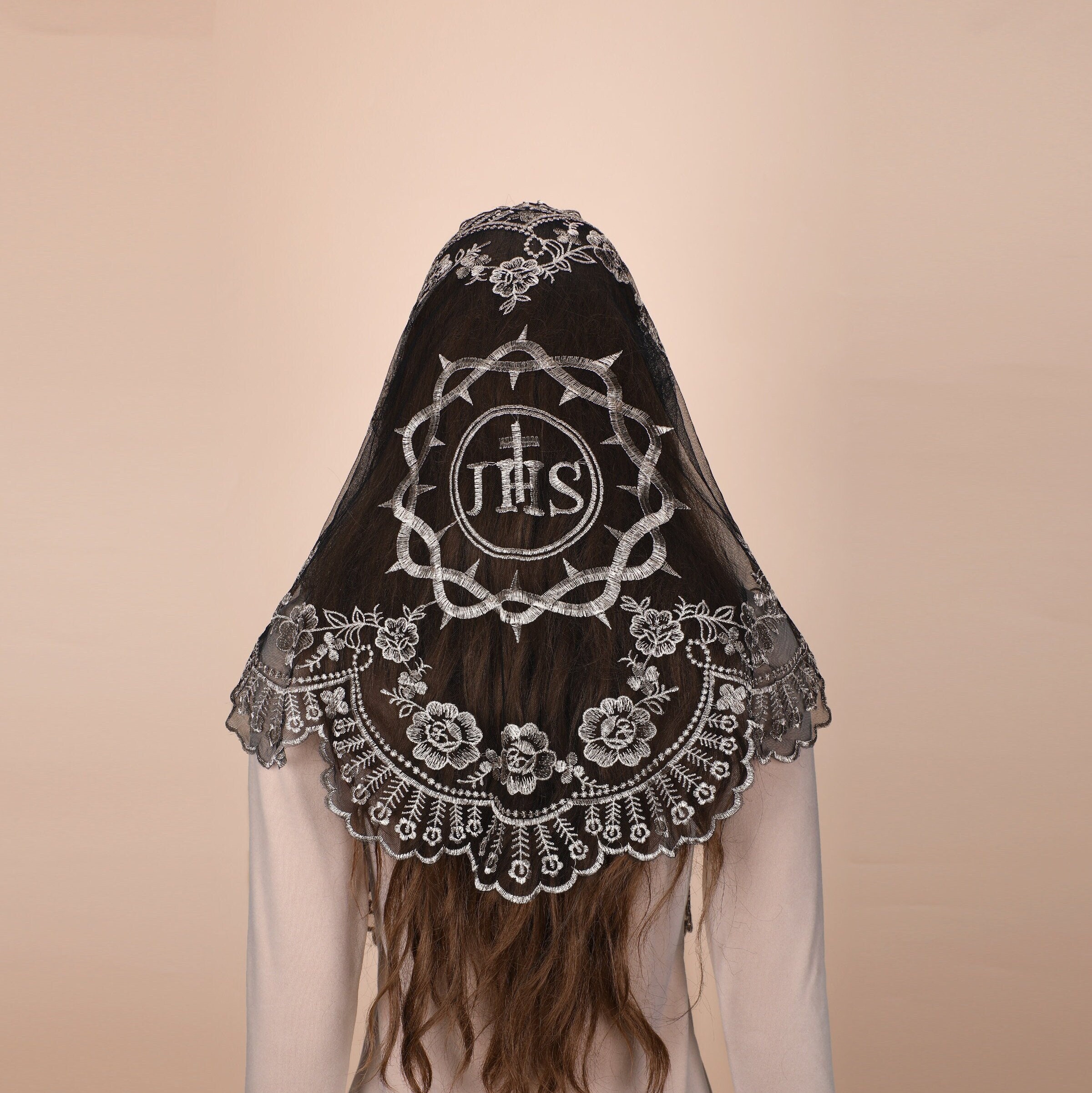Mantveil Triangle Catholic Chapel Veil: Black, White or Black Gold JHS Symbol with Camellia Lace Church Mass Veil