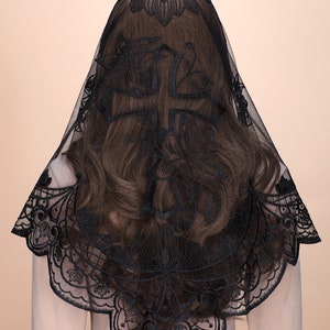 Catholic veil Triangular one piece veil Lace veil Lily flower embroidered veil Church veil Black