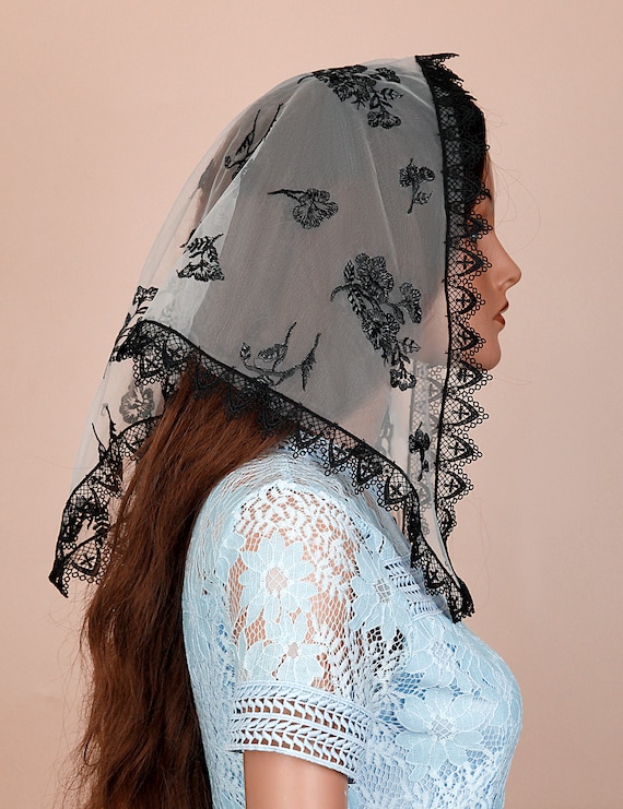 Voile De Chapelle Catholique Dentelle Florale Vierge à L'Enfant – Mantille Triangle Élégante Pour Messe Et Prière