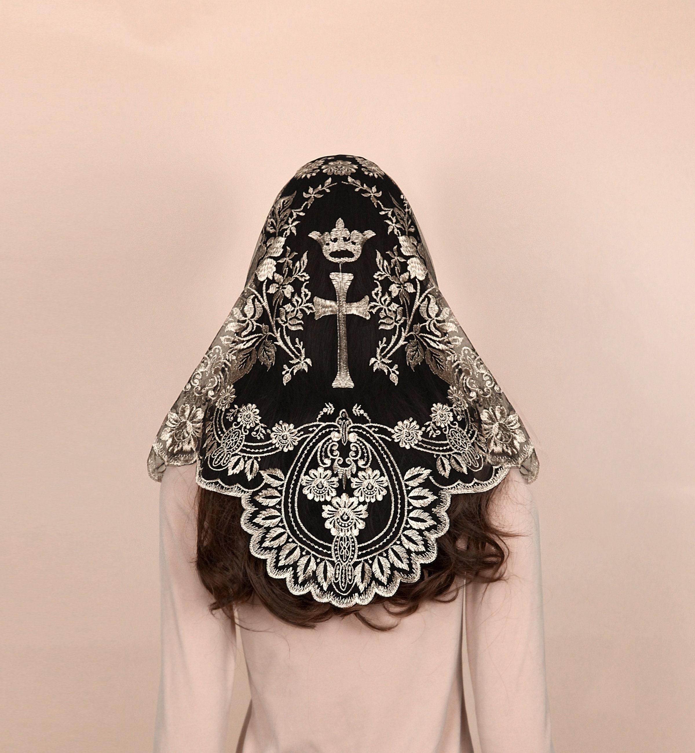 Triangle Catholic Chapel Mantilla Veils - Short Camellia Embroidery Triangle Mantilla Veil: Sacred Heart Embroidery, Camellias  main image 2