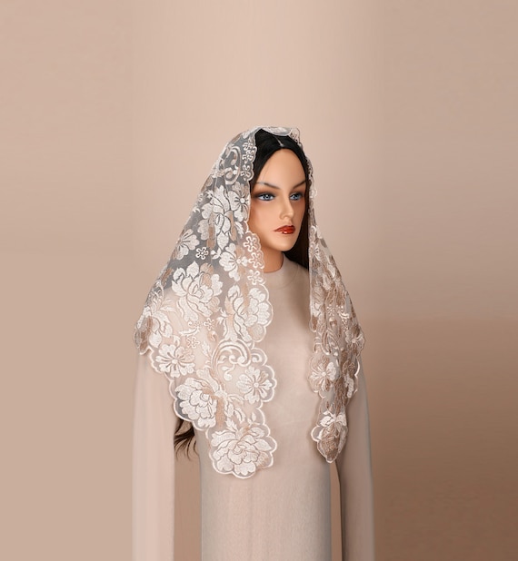 Triangular Spanish Catholic Veil: Peony-Embroidered Lace Veil for Mass