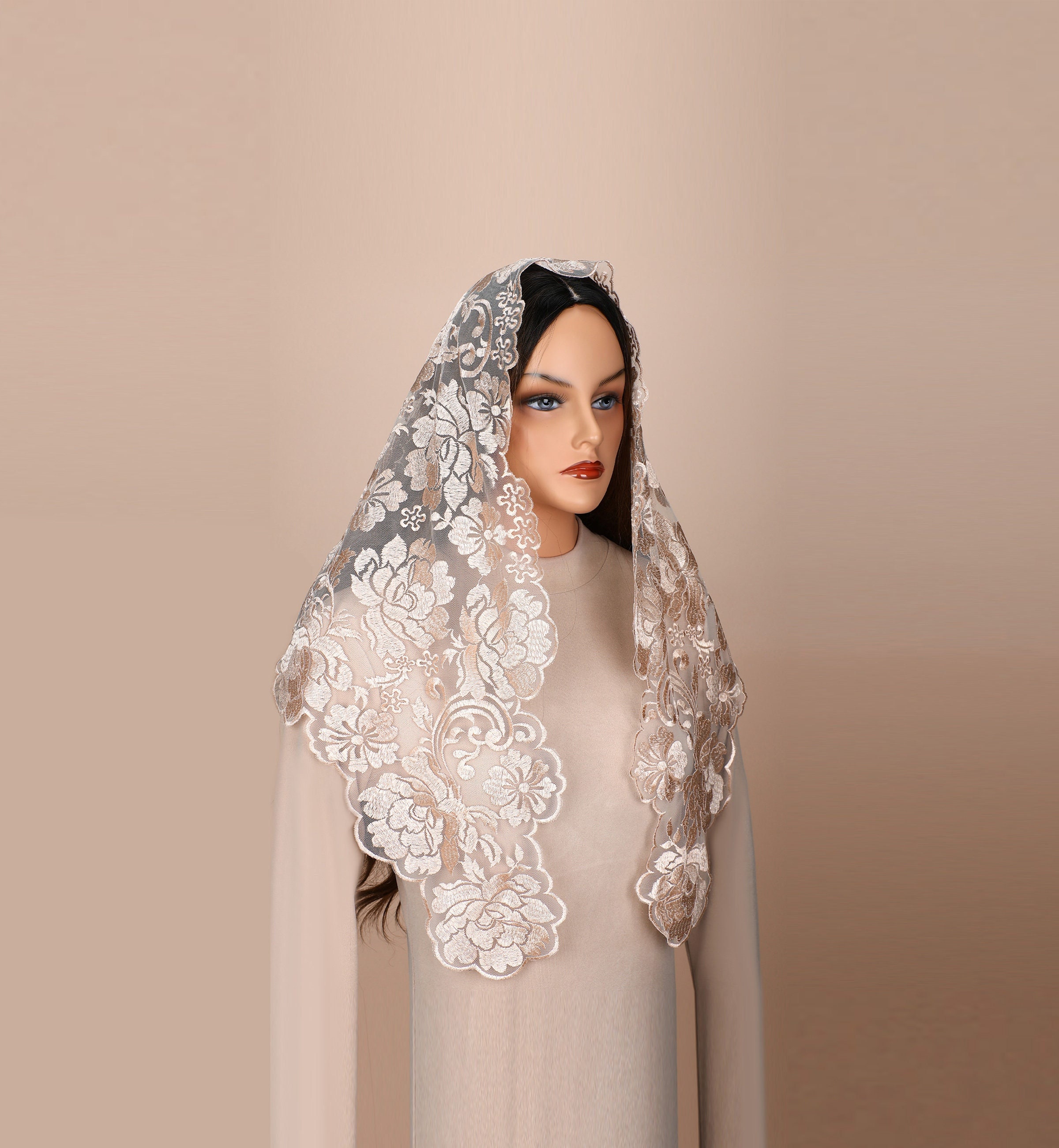Triangular Spanish Catholic Veil: Peony-Embroidered Lace Veil for Mass