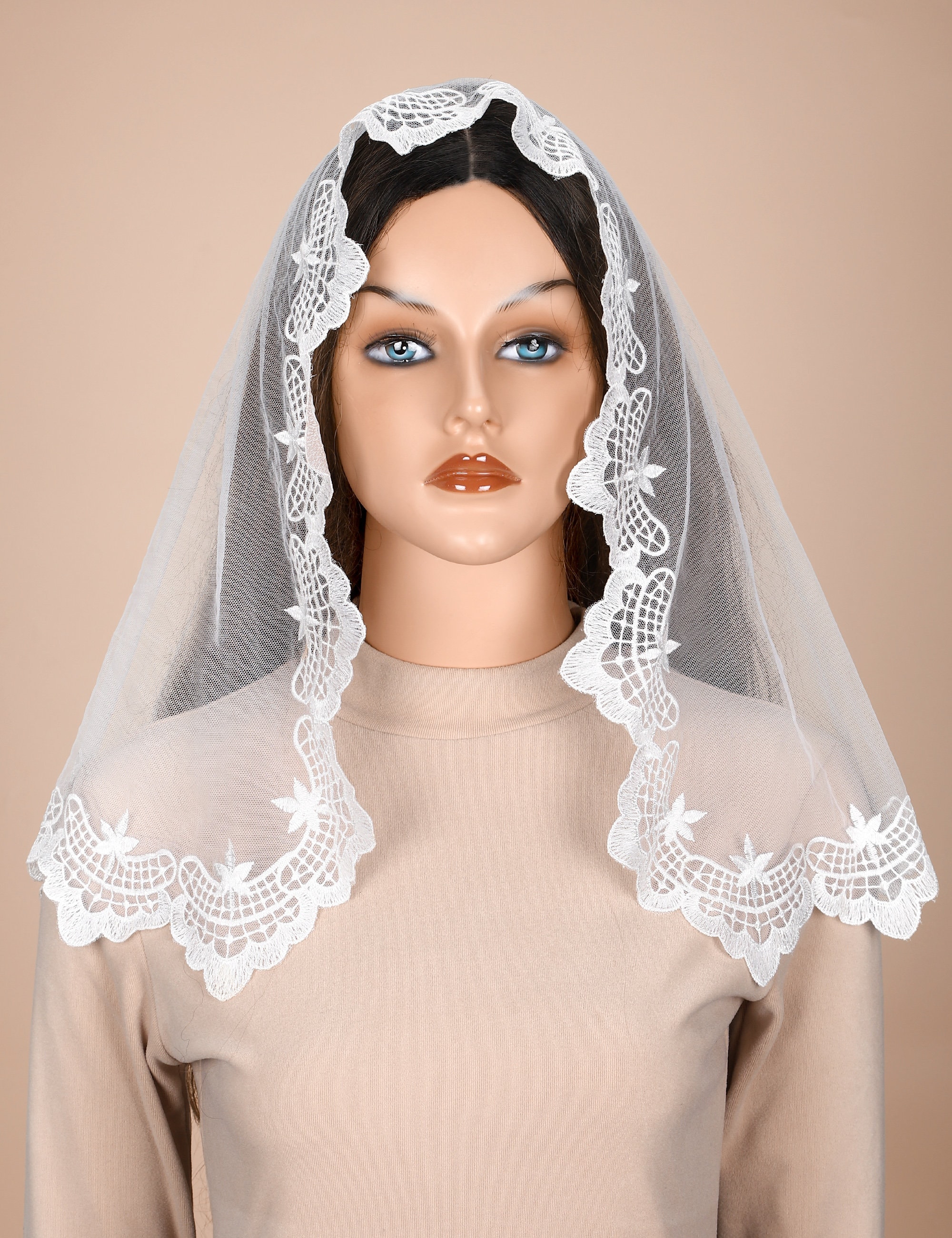 Voile D'Église Mantille Dentelle Vierge Marie – Triangle Brodé, Blanc, Espagnol Traditionnel, Taille Unique