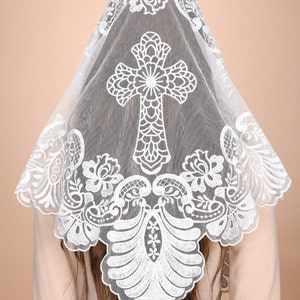 Mantveil Triangle Mantilla Chapel Veil: Traditional Black, White or Black Gold Cross Embroidered Lace Catholic Church Veils for Mass zdjęcie 5
