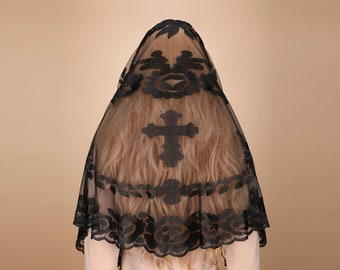Velo de mantilla católica en forma de D, velo bordado con cruz y camelias, velo de encaje tradicional para misa en la iglesia.