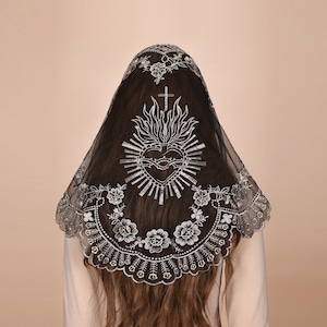 Mantveil Triangle Mantilla Chapel Veil: Traditional Black, White or Black Gold Sacred Heart of Jesus Embroidered Lace Catholic Church Veils