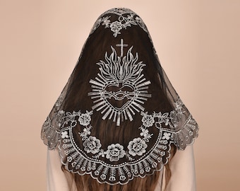 Mantveil Triangle Mantilla Chapel Veil: Traditional Black, White or Black Gold Sacred Heart of Jesus Embroidered Lace Catholic Church Veils