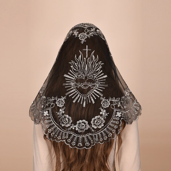 Mantveil Triangle Mantilla Chapel Veil: Traditional Black, White or Black Gold Sacred Heart of Jesus Embroidered Lace Catholic Church Veils