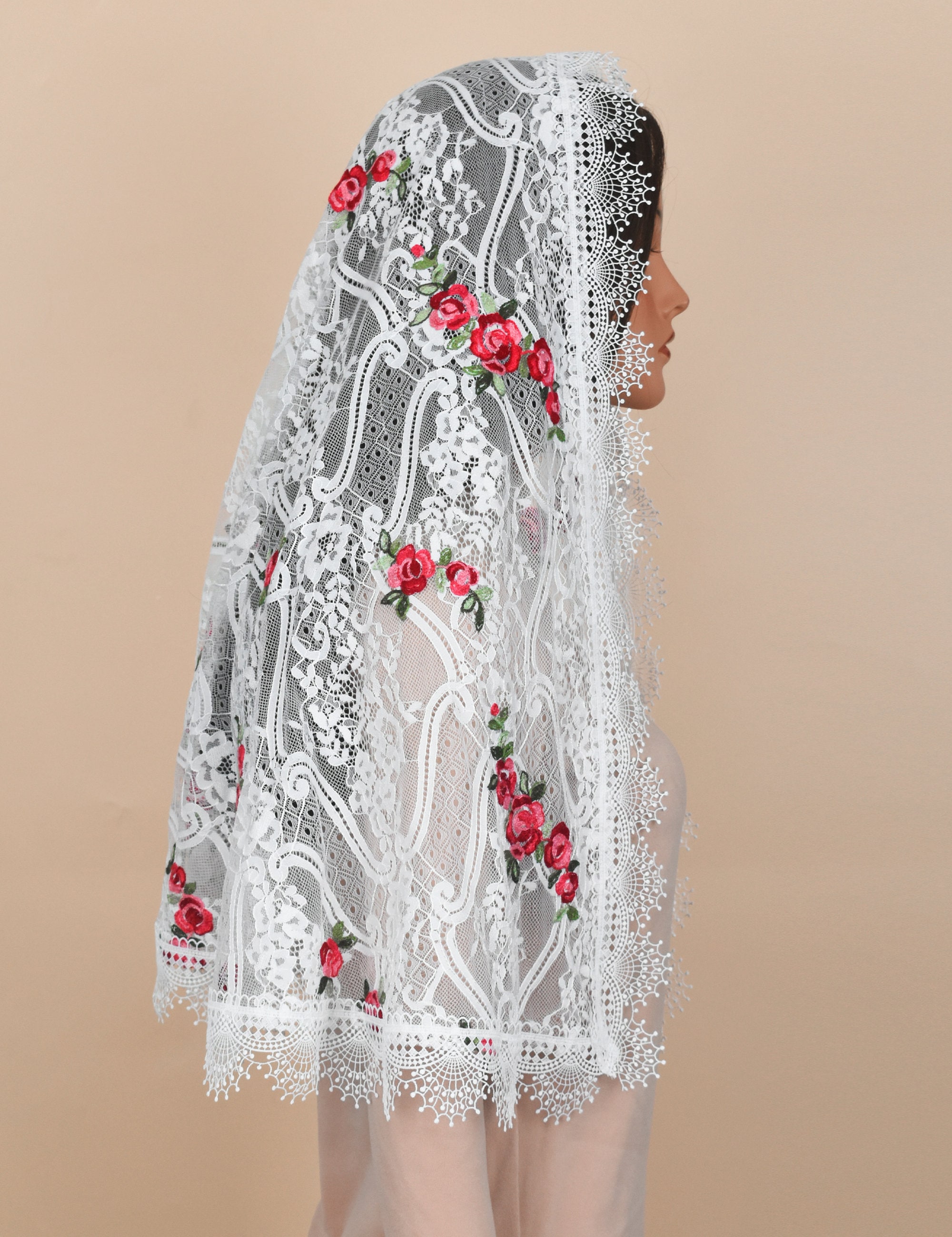 Polyester Lace Mantilla Veil with Cross Rose Embroidery for Church 3D Rose Embroidery Church Veil - Catholic Mantilla Veil With  main image 3