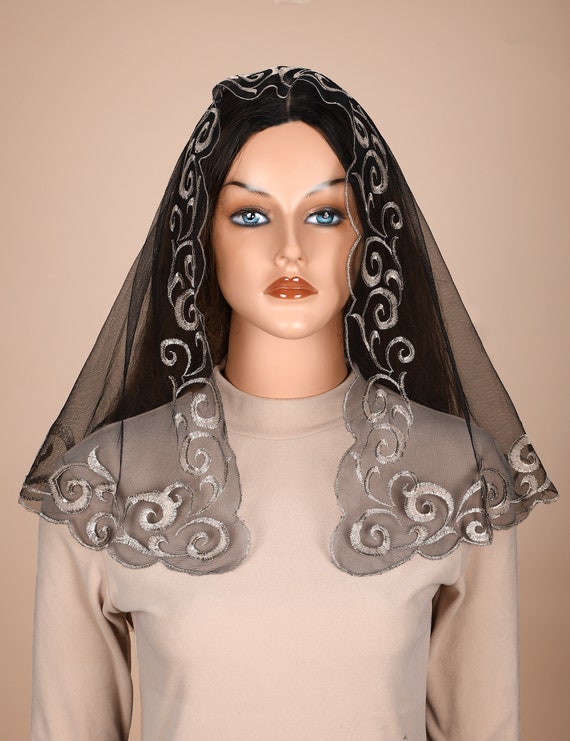 Mantveil Catholic Chapel Veil for Women: Traditional Floral Embroidered Lace Mantilla Church Veils Latin Mass Head Covering