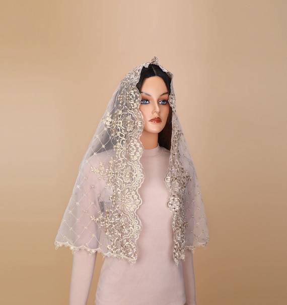 Gold Lace Camellia Catholic Veil: D Shape Church Mass Veil