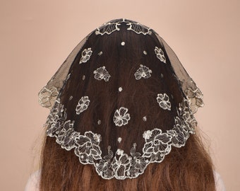 Mantveil Short Peach Shape Veil, Camellias Embroidery Floral Lace Veil, Spanish Church Mass Mantilla Veil