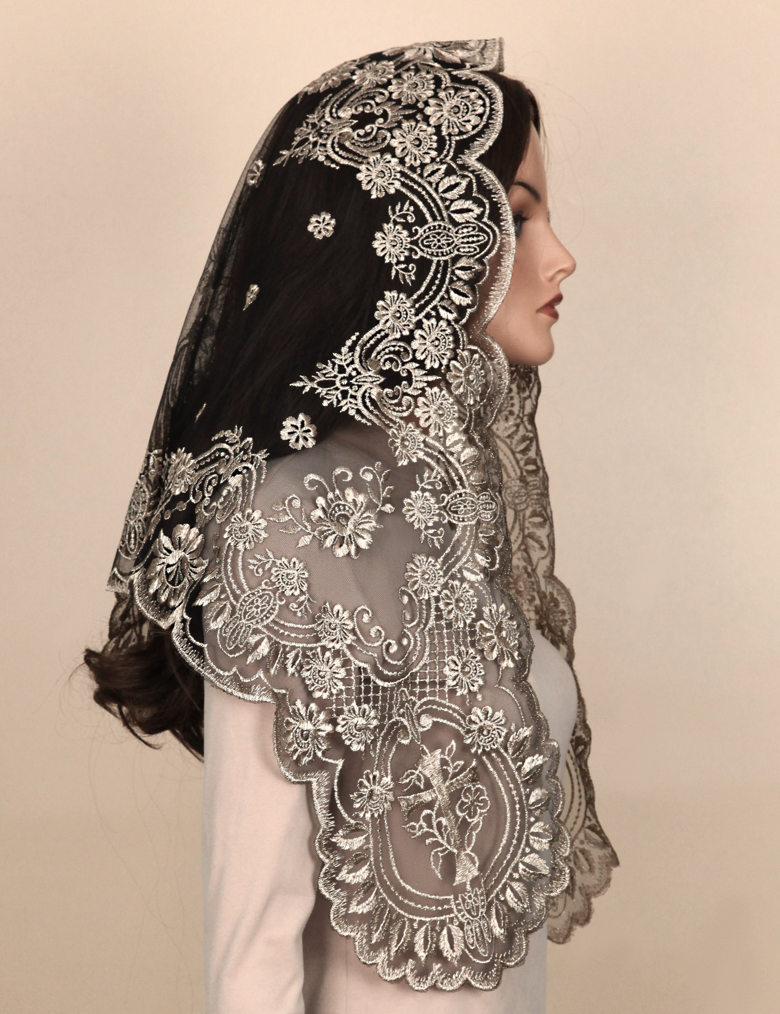 Embroidered Mesh Catholic Veil - Sacred Heart, Camellia Pattern - Etsy