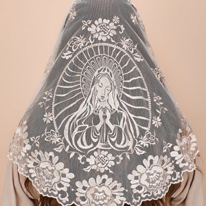 Church Mantilla, Pentecost Triangle holy virgin embroidery catholic veil Traditional mass veil chapel prayer lace veil Champagne