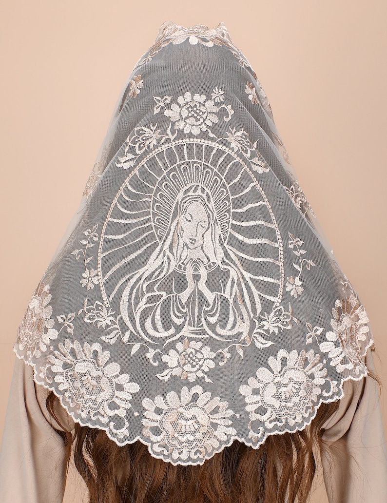 Church Mantilla, Pentecost Triangle holy virgin embroidery catholic veil Traditional mass veil chapel prayer lace veil Champagne