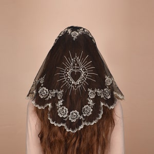 Mantveil Triangle Mantilla Veil, Sacred Heart and Cross Embroidery Veil, Camellias Wavy Lace Veil for Church Mass Prayer