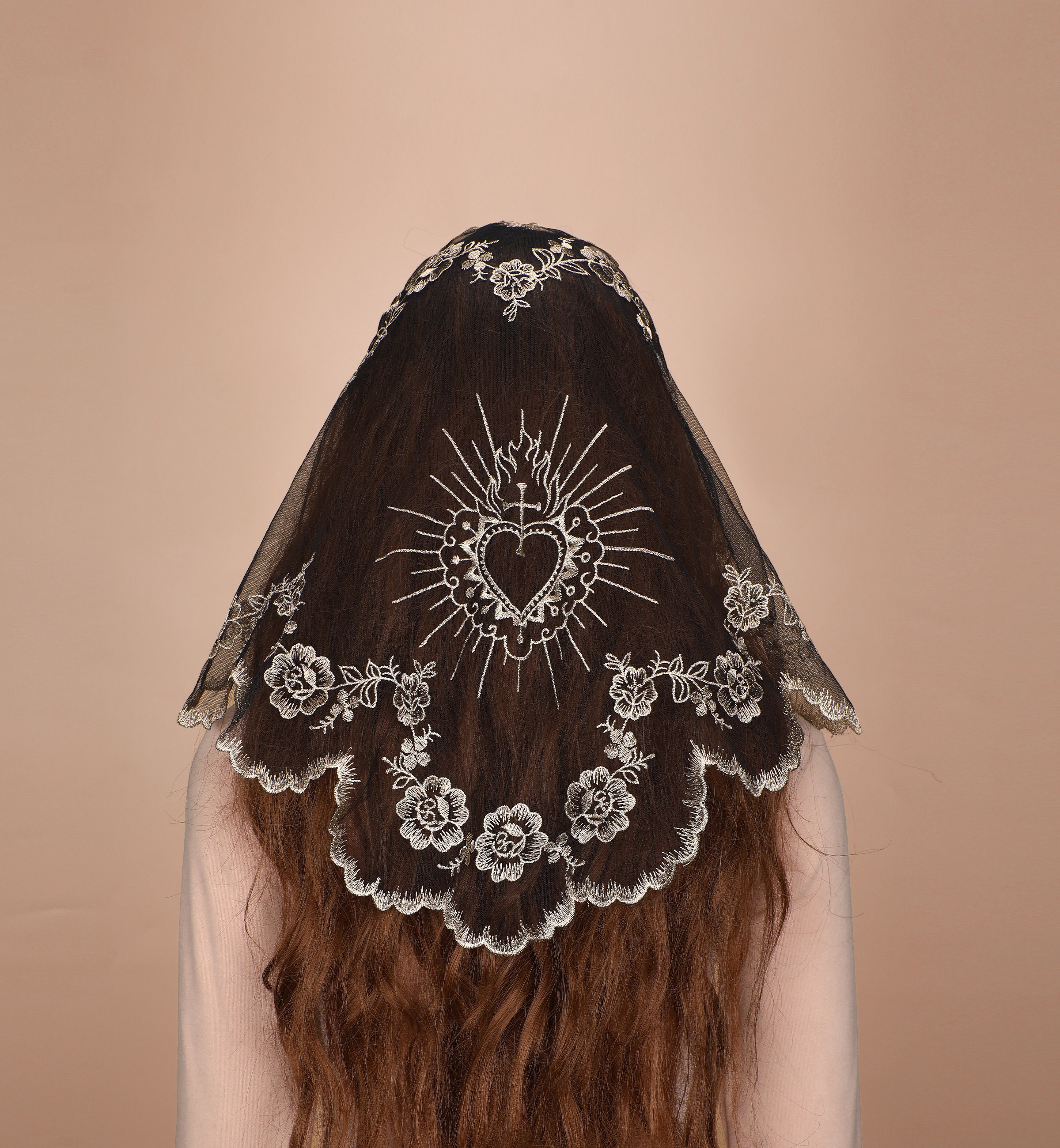 Triangle Mantilla Veil: Sacred Heart Embroidery, Camellias 
