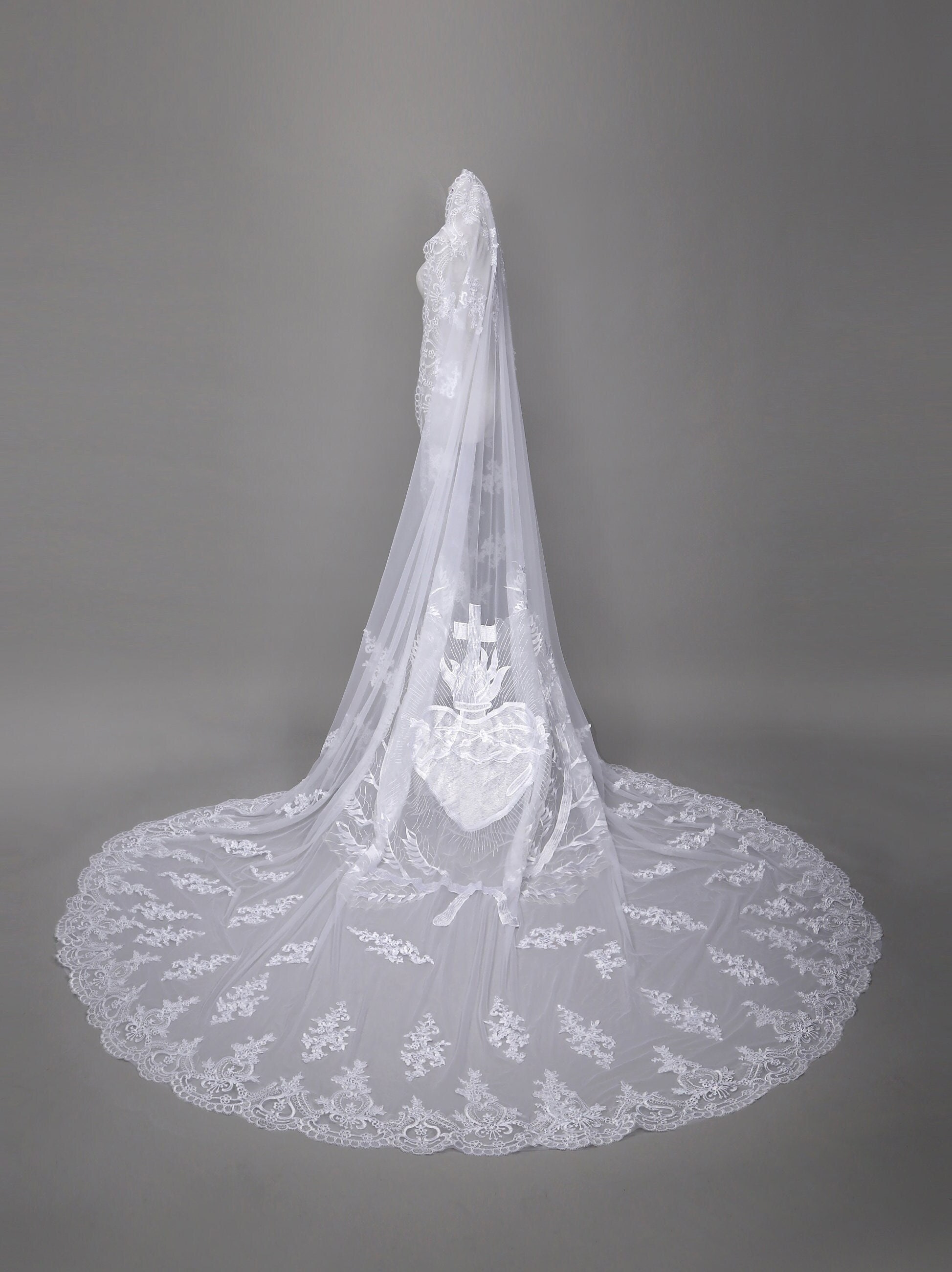 White Wedding Bridal Veil, Single Layer Cathedral Veil, Sacred Heart Embroidered, Customized Church Wedding Veil