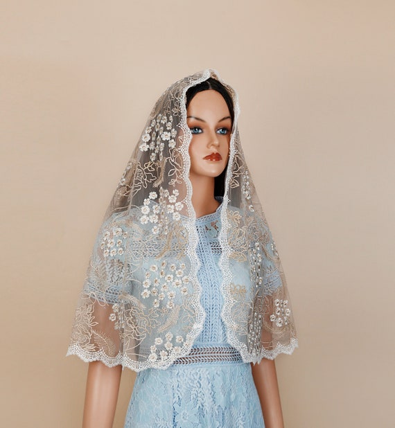 Gold Lace Catholic Veil: Floral Design, D-Shaped Mass Chapel Head Covering Veil