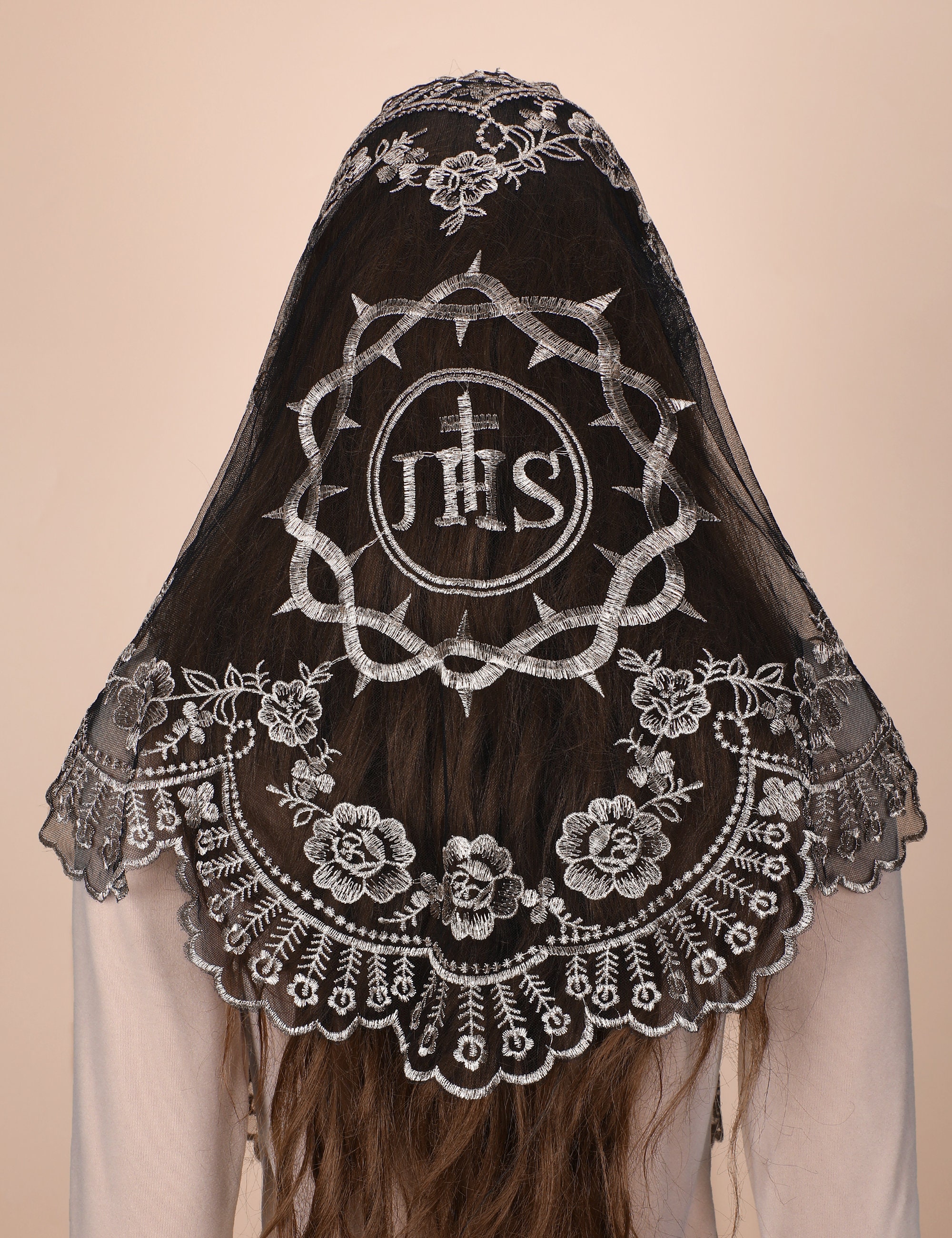 Triangle Catholic Chapel Veil Black Camellia Lace JHS Symbol Etsy triangle-catholic-chapel-veil-black-camellia-lace-jhs-symbol-etsy