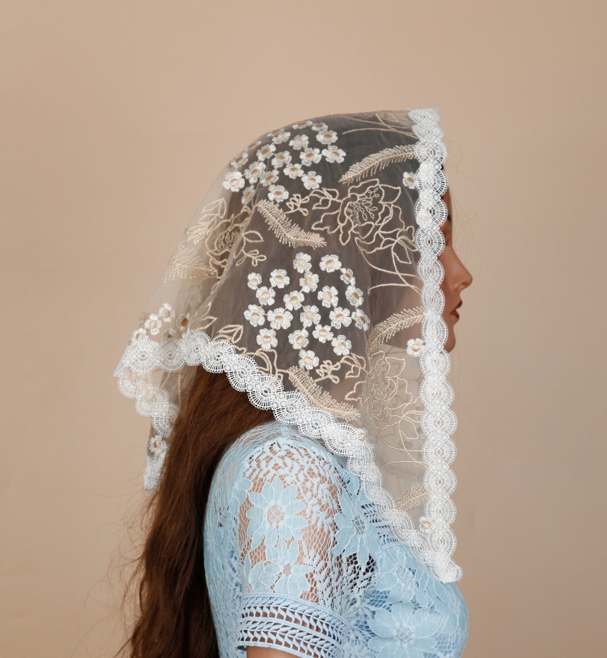 Gold Lace Chapel Veil, Triangle Mantilla, Spanish Mass Veil