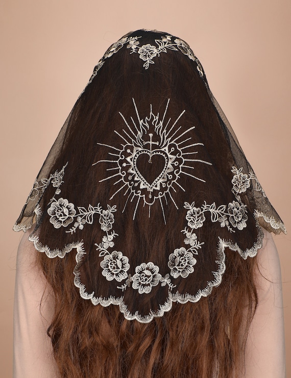 Triangle Mantilla Veil: Sacred Heart Embroidery, Camellias 