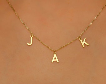 Gold Dangle Initial Charm Necklace, Personalized Letter Name Necklace, Custom Minimalist Handmade Jewelry